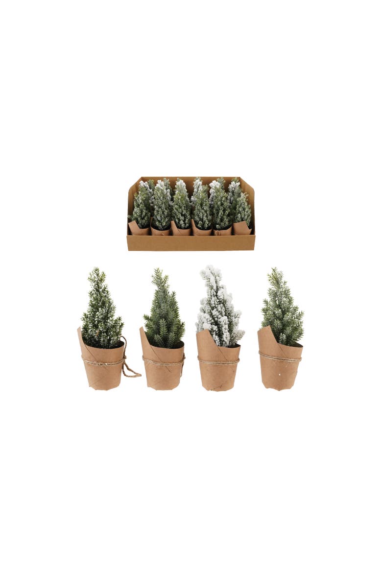 Set of 24 Snow-Kissed Faux Trees in Paper Pots with Jute Bow, Main, color, Green and Natural