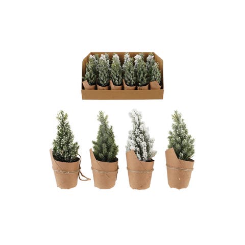 Set of 24 Snow-Kissed Faux Trees in Paper Pots with Jute Bow