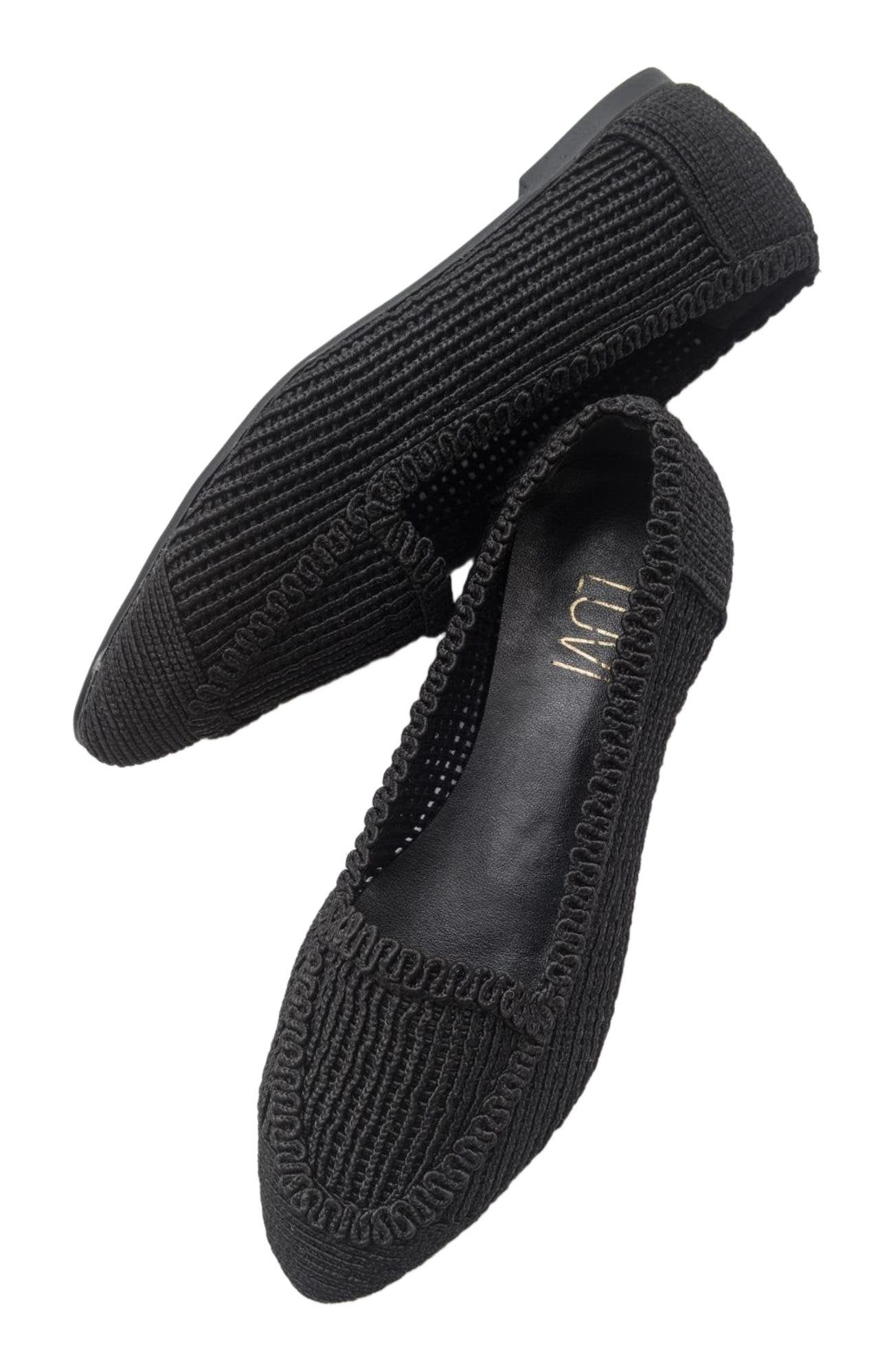 Prologue Shoes Mira Knit Ballet Flat, Alternate, color, Black Faux Leather