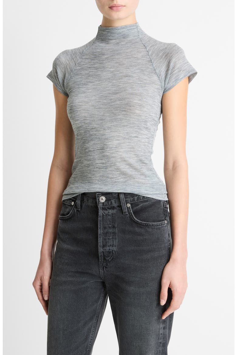 Wool Raglan Cap-Sleeve Mock-Neck Top, Alternate, color, HEATHER THISTLE