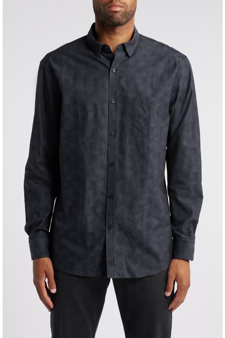Jacquard Skull Button-Up Shirt, Main, color, BLACK