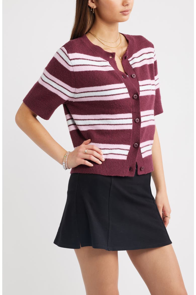 Short Sleeve Cardigan, Alternate, color, BURGUNDY TANNIN STRIPE