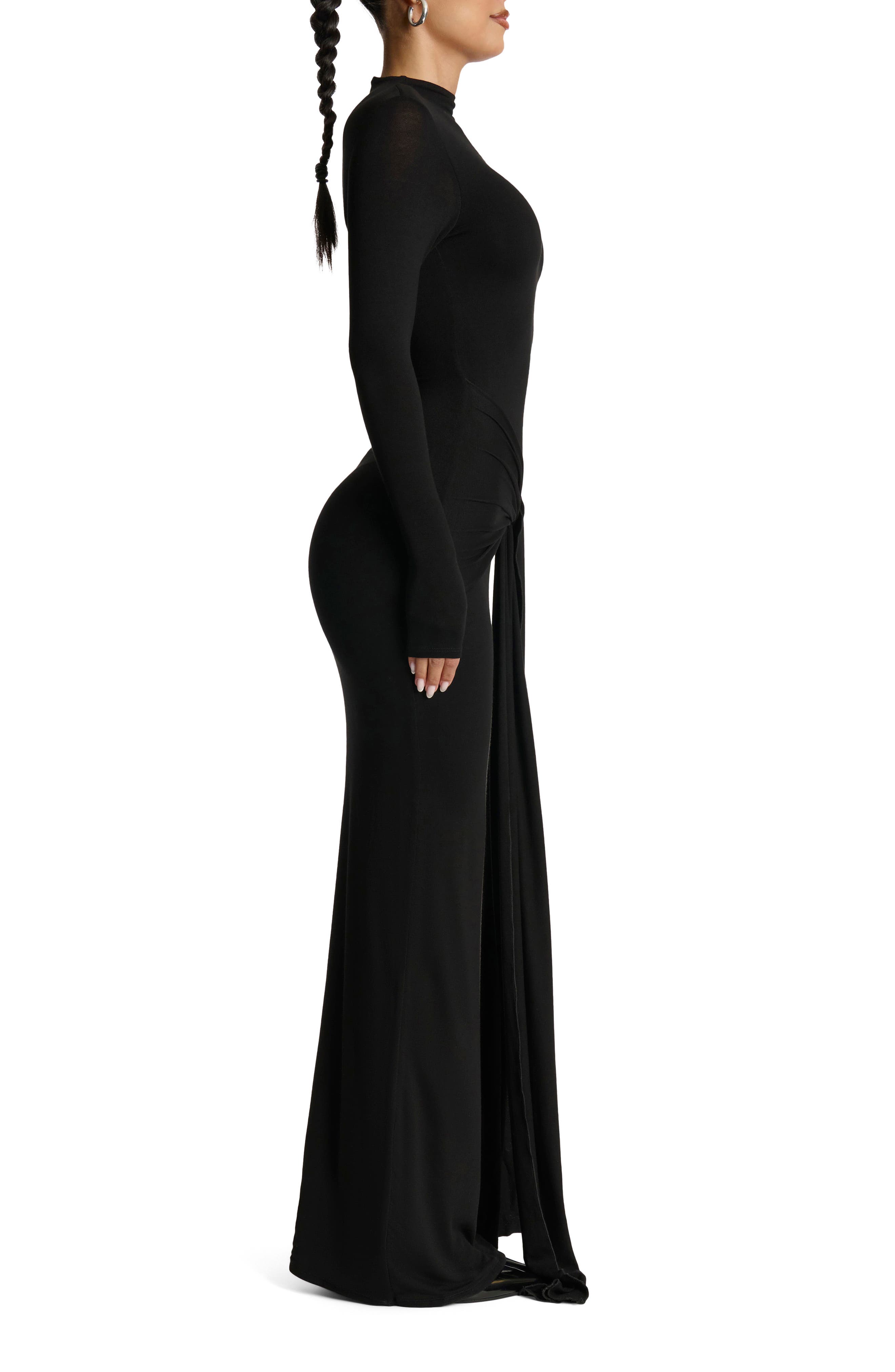 long sleeve black tie dresses ZAPAKA Women Velvet Formal Dress Sleeves Square Neck Long Slit Dress, Black / US6 this party dress will be your lovely partner. Tie Front Long Sleeve Maxi