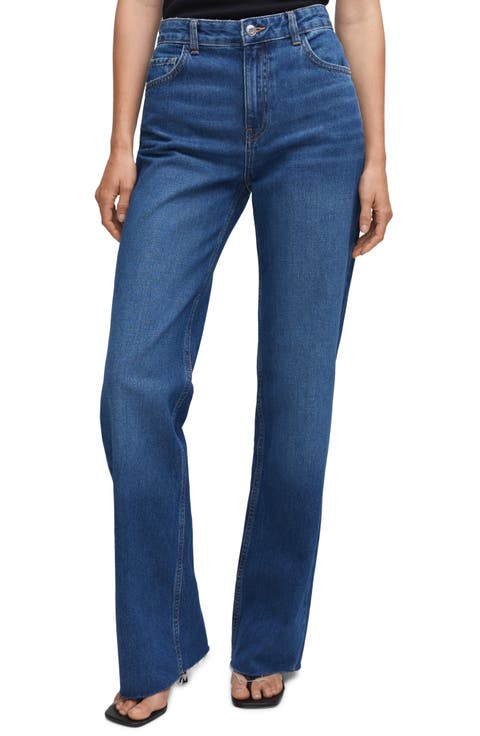 Raw Hem Mid Rise Wide Leg Jeans
