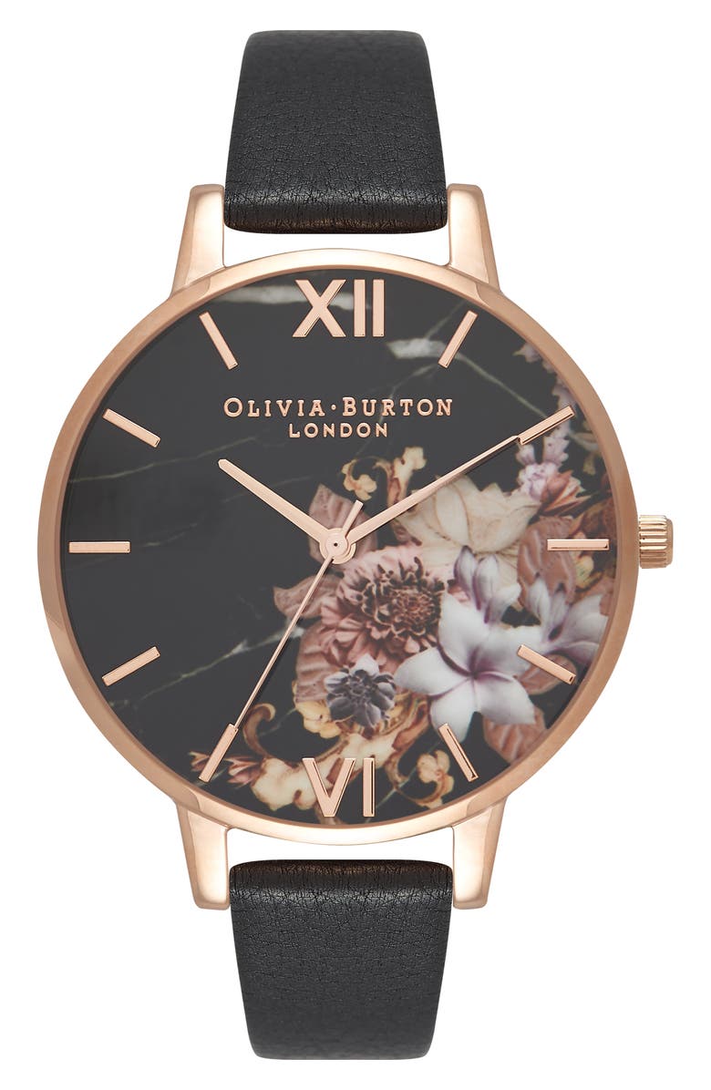 Olivia Burton Marble Floral Leather Strap Watch, 38mm, Main, color,