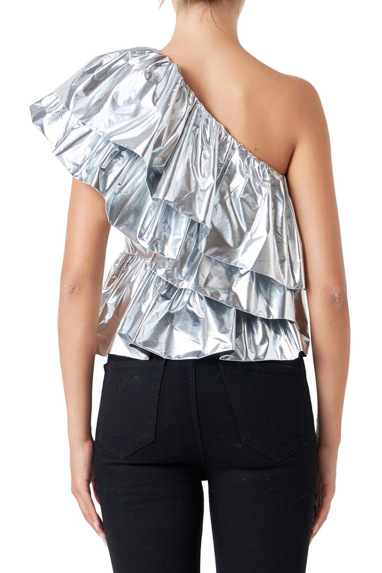 Metallic Tiered One-Shoulder Peplum Top, Alternate, color, SILVER