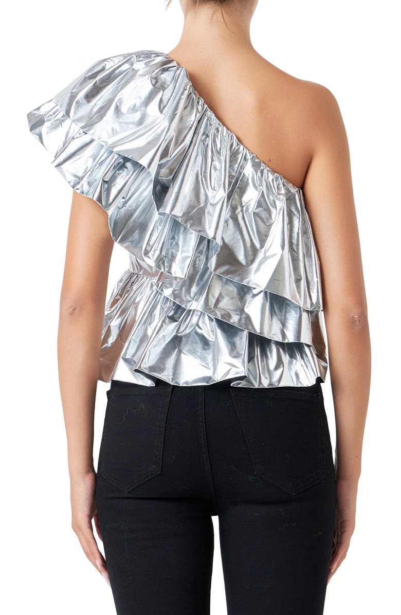 Endless Rose Metallic Tiered One-Shoulder Peplum Top, Alternate, color, Silver
