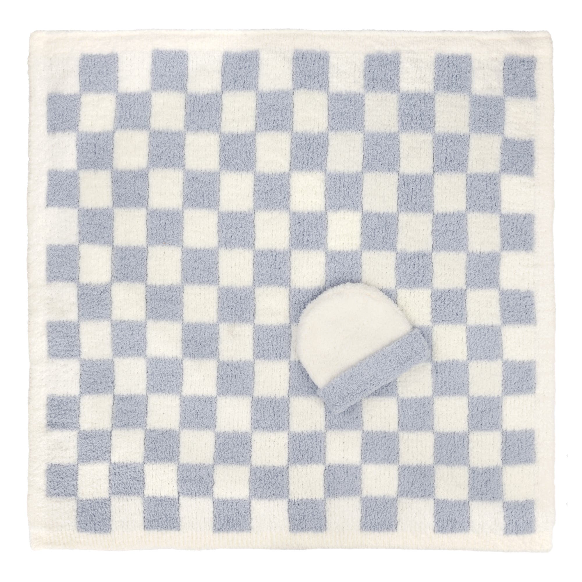 Kashwére Baby Blanket - Check w/ Cap - Chenilla Cloud in Ice Blue /Creme 