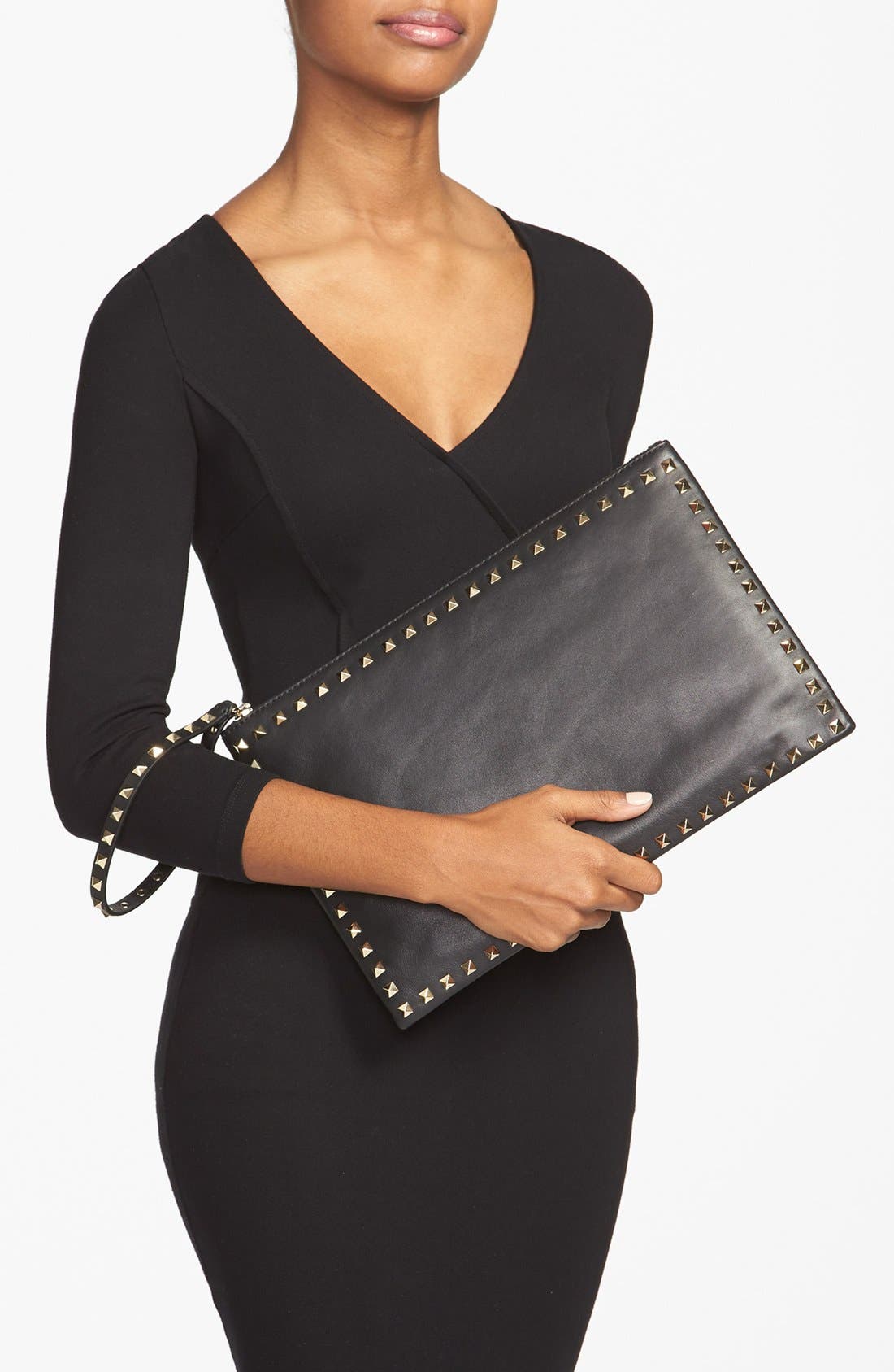 'Rockstud - Flat' Nappa Leather Clutch, Alternate, color, BLACK