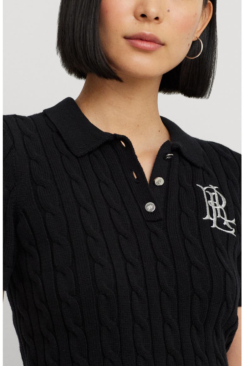 Cable Knit Cotton Polo Sweater, Alternate, color, BLACK