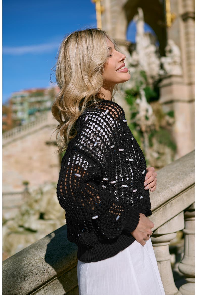 Faux Pearl Embellished Cardigan, Alternate, color, BLACK