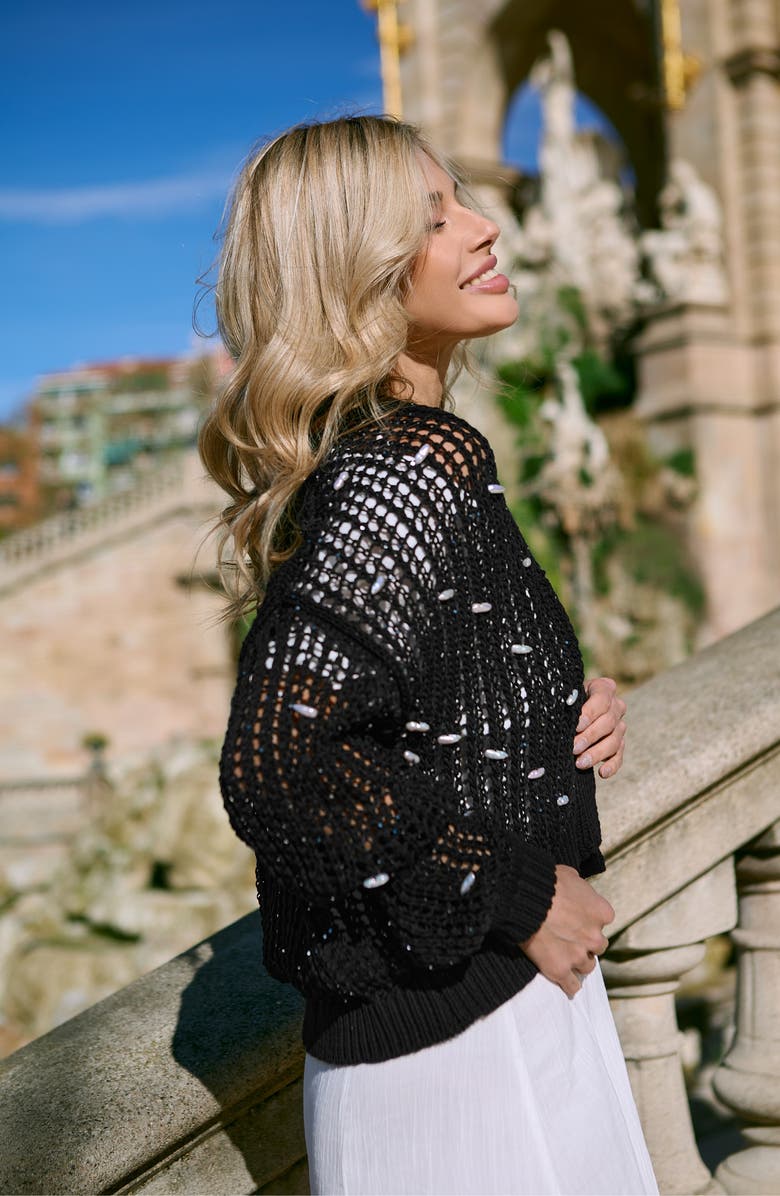 SAACHI Faux Pearl Embellished Cardigan, Alternate, color, Black