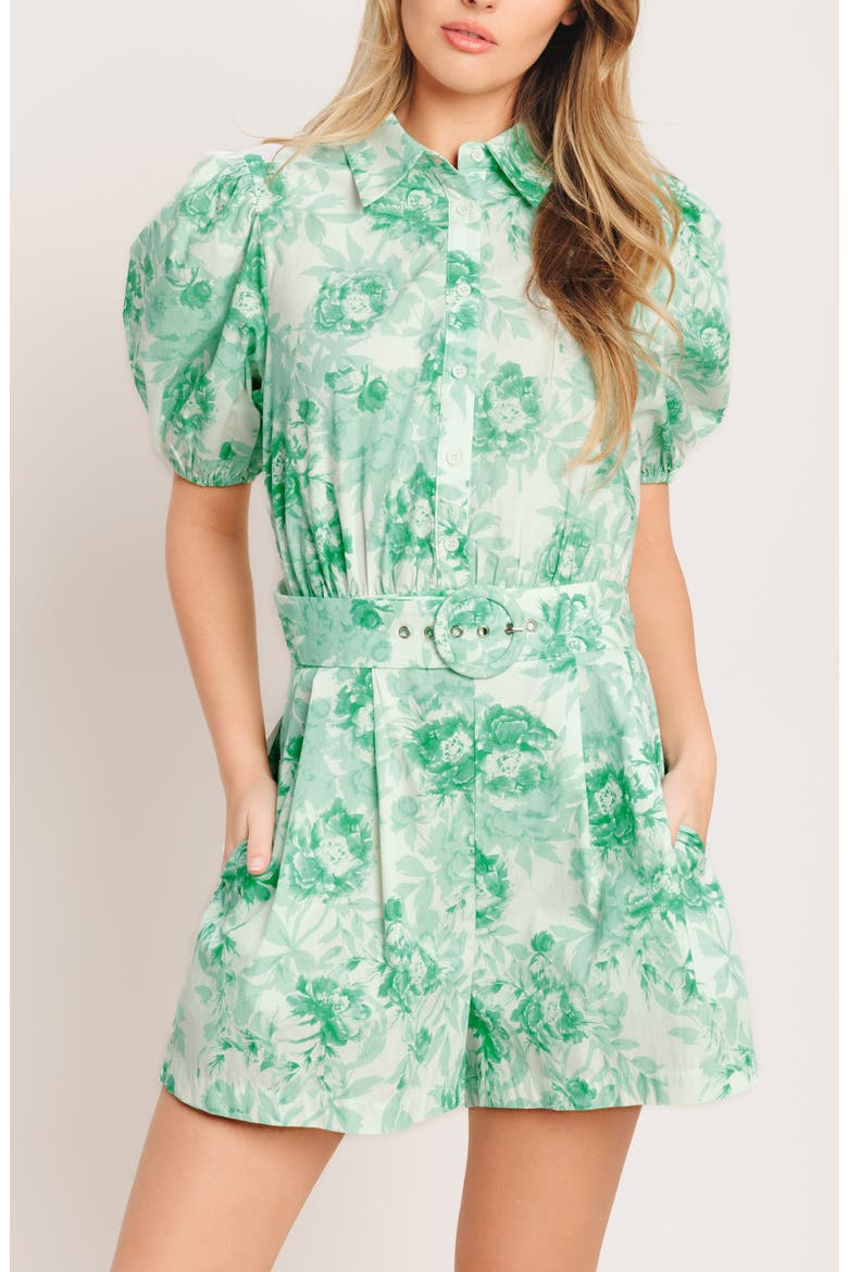 Print Belted Cotton Romper, Alternate, color, IVORY/ MINT