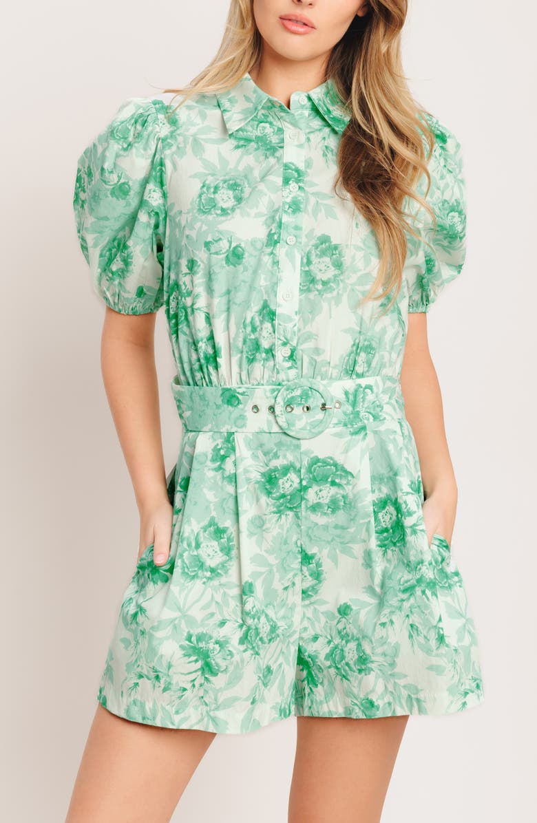 FLYING TOMATO Print Belted Cotton Romper, Alternate, color, Ivory/ Mint