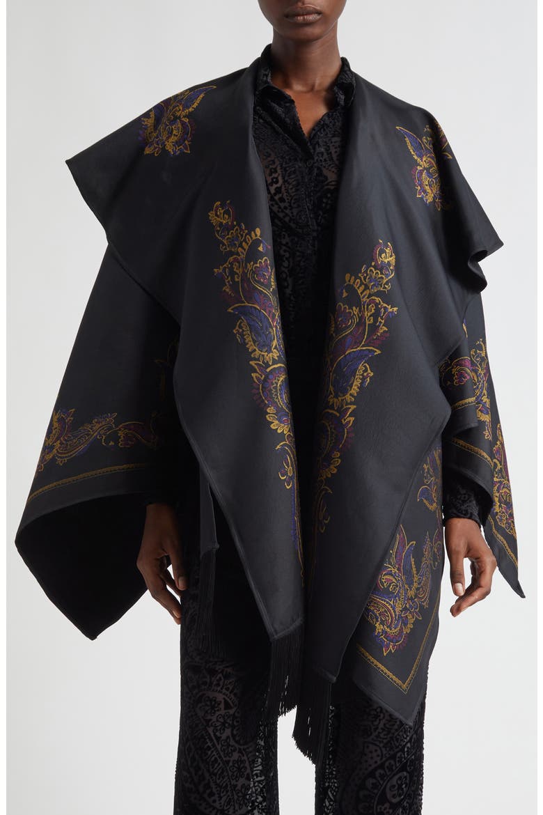Paisley Cape with Attached Scarf Detail, Main, color, PRINTED BLACK BASE