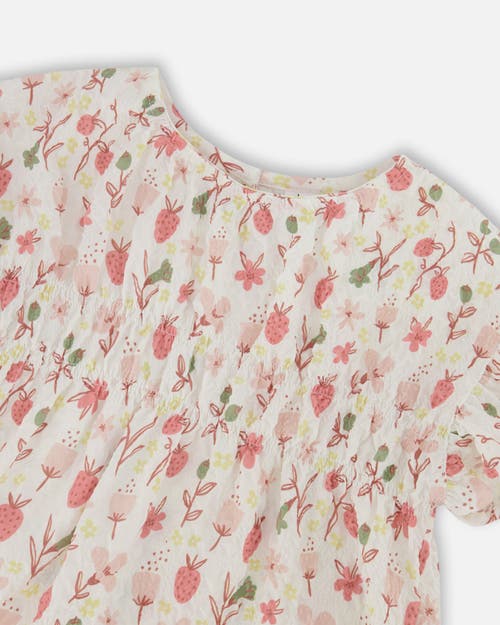 DEUX PAR DEUX DEUX PAR DEUX GIRL'S PRINTED SEERSUCKER BLOUSE WITH FRILLS PINK FLOWERS ON CREAM BACKGROUND 