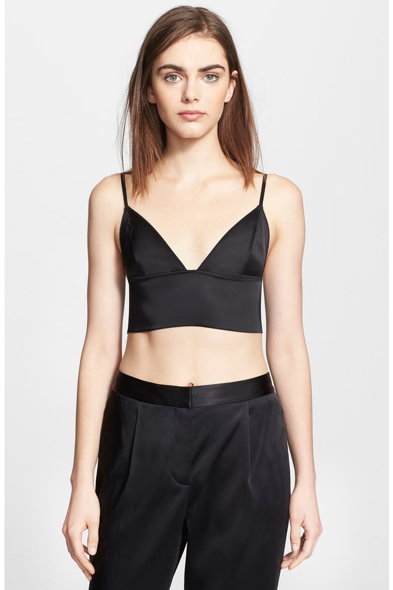 T by Alexander Wang Stretch Satin Triangle Bralette, Main, color, BLACK