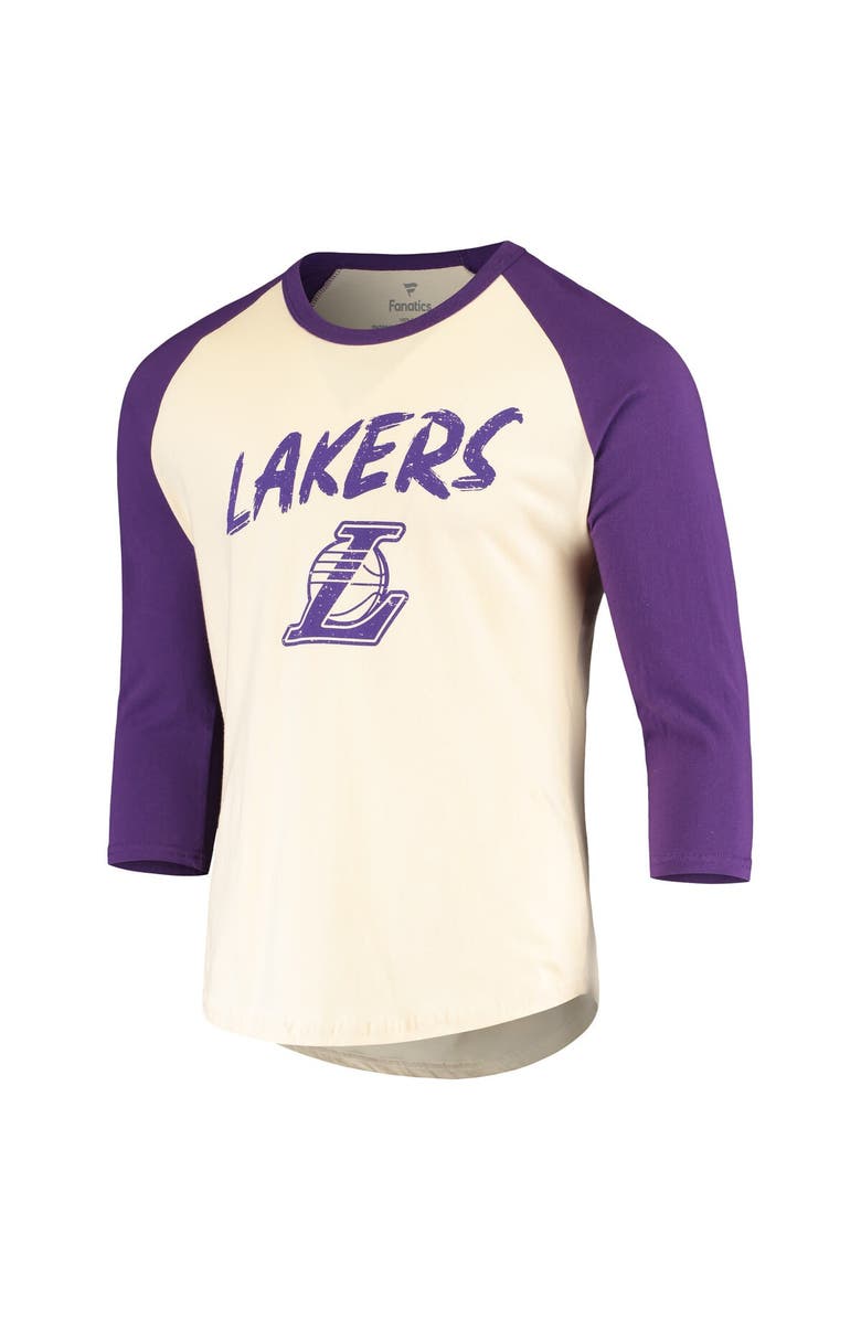 FANATICS Men's Fanatics Branded LeBron James Cream/Purple Los Angeles Lakers Raglan 3/4 Sleeve T-Shirt, Alternate, color, 
