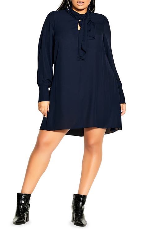 Tie Neck Long Sleeve Minidress (Plus Size)