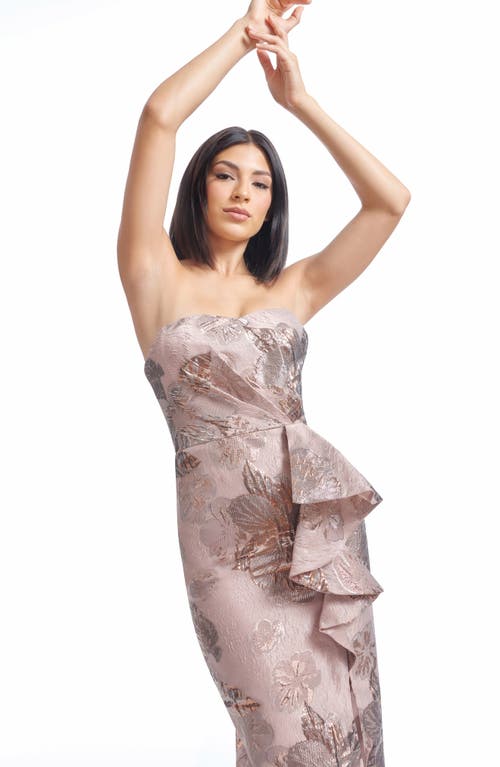 DRESS THE POPULATION DRESS THE POPULATION KIERON METALLIC FLORAL RUFFLE DETAIL STRAPLESS SHEATH DRESS
