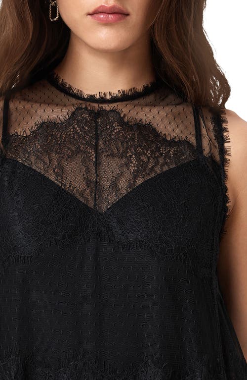 Allsaints Clara Sheer Lace Sleeveless Handkerchief Hem Dress In Black