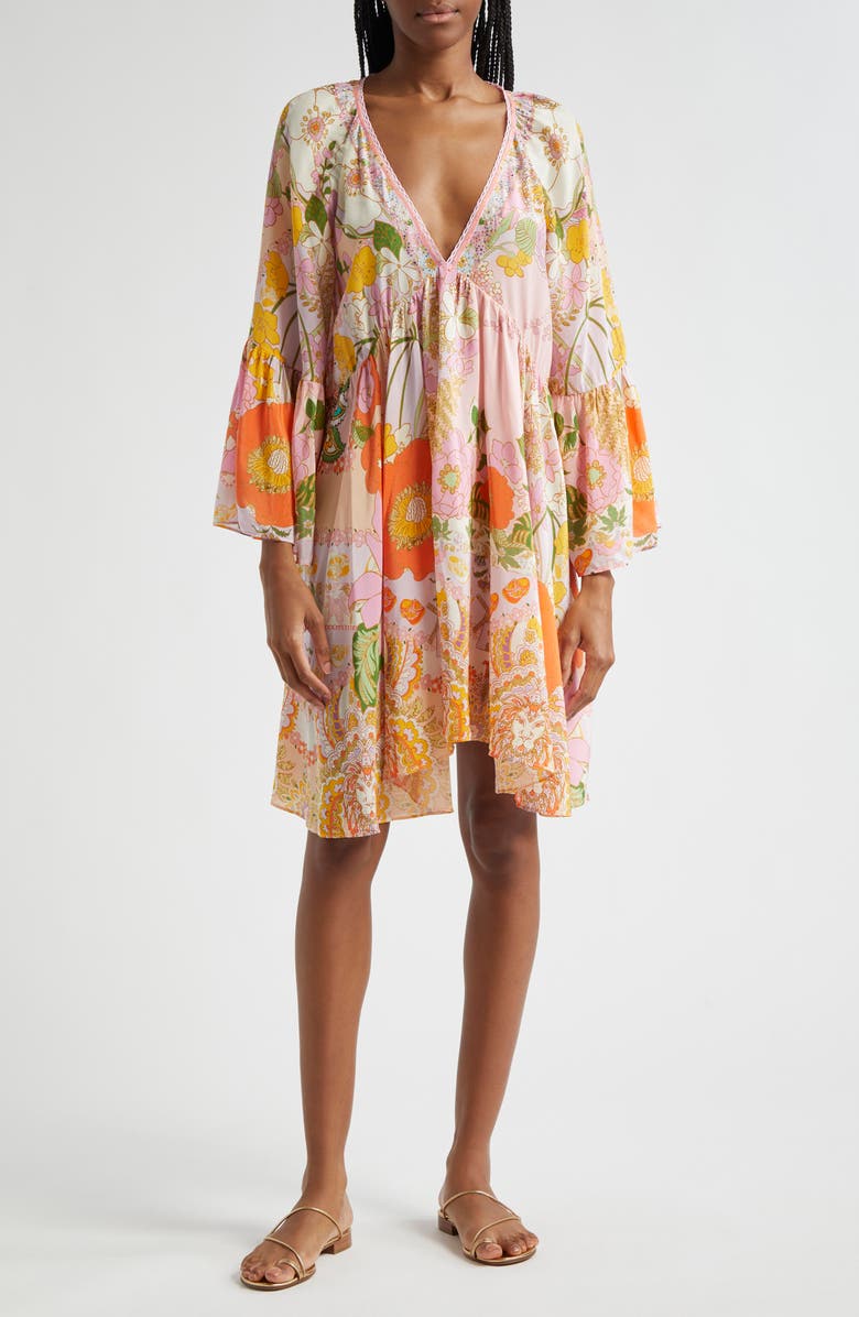 Camilla Clever Clogs Ruffle Sleeve A-Line Silk Minidress, Main, color, 