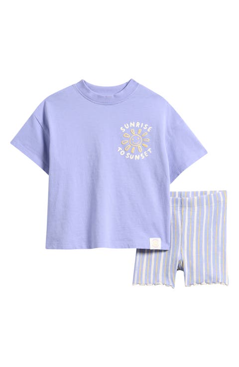 Kids' Hello Sun Cotton Graphic T-Shirt & Stripe Bike Shorts Set (Baby, Toddler & Little Kid)