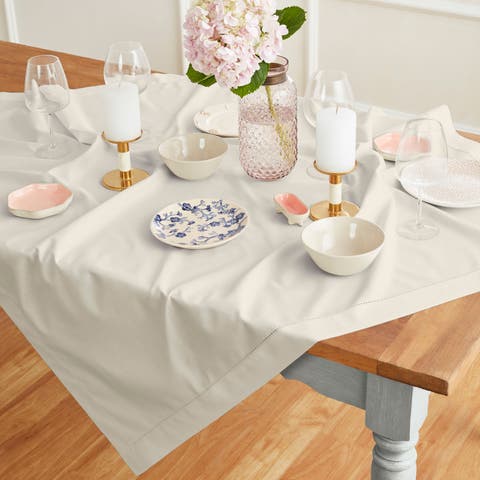 Cotton Linen Hemstitch Table Throw 52 x 52 Inch for Dining Table, Holiday and Everyday Table Decor