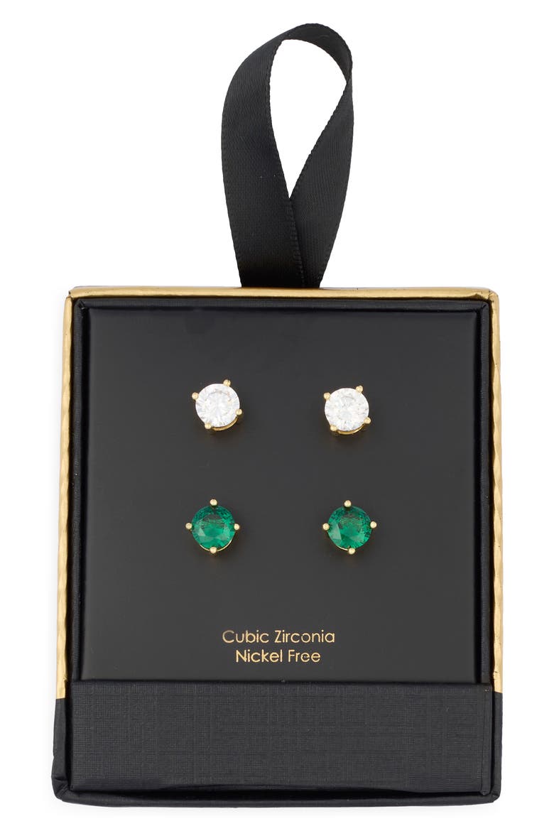 Set of 2 Cubic Zirconia Round Stud Earrings, Main, color, EMERALD- GOLD