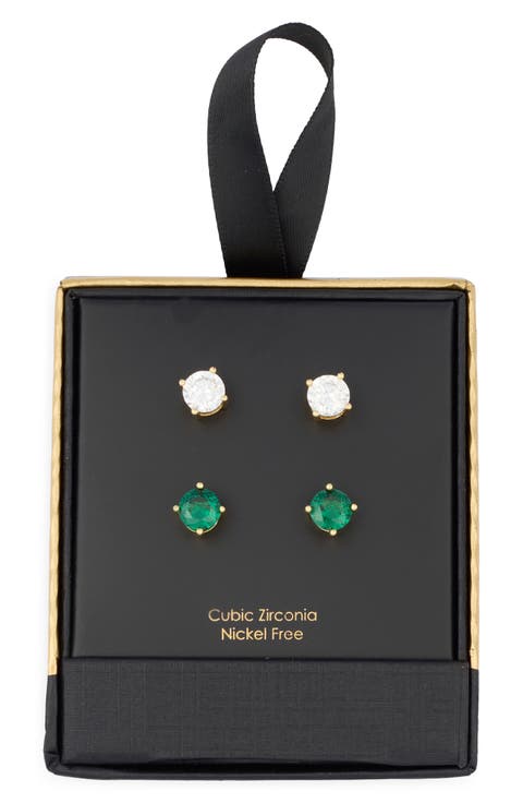 Set of 2 Cubic Zirconia Round Stud Earrings