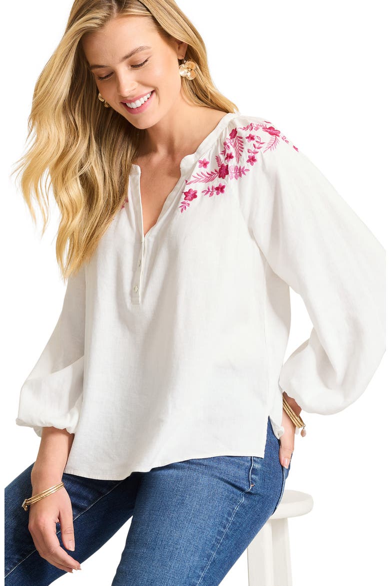 Coastal Tide Embroidered Linen Blend Peasant Top, Alternate, color, BRIGHT ROSE