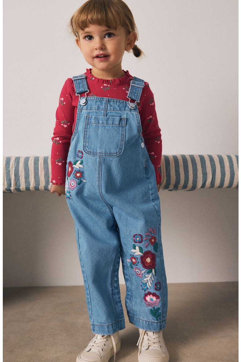 Kids' Long Sleeve Top & Embroidered Denim Overalls Set, Alternate, color, BLUE
