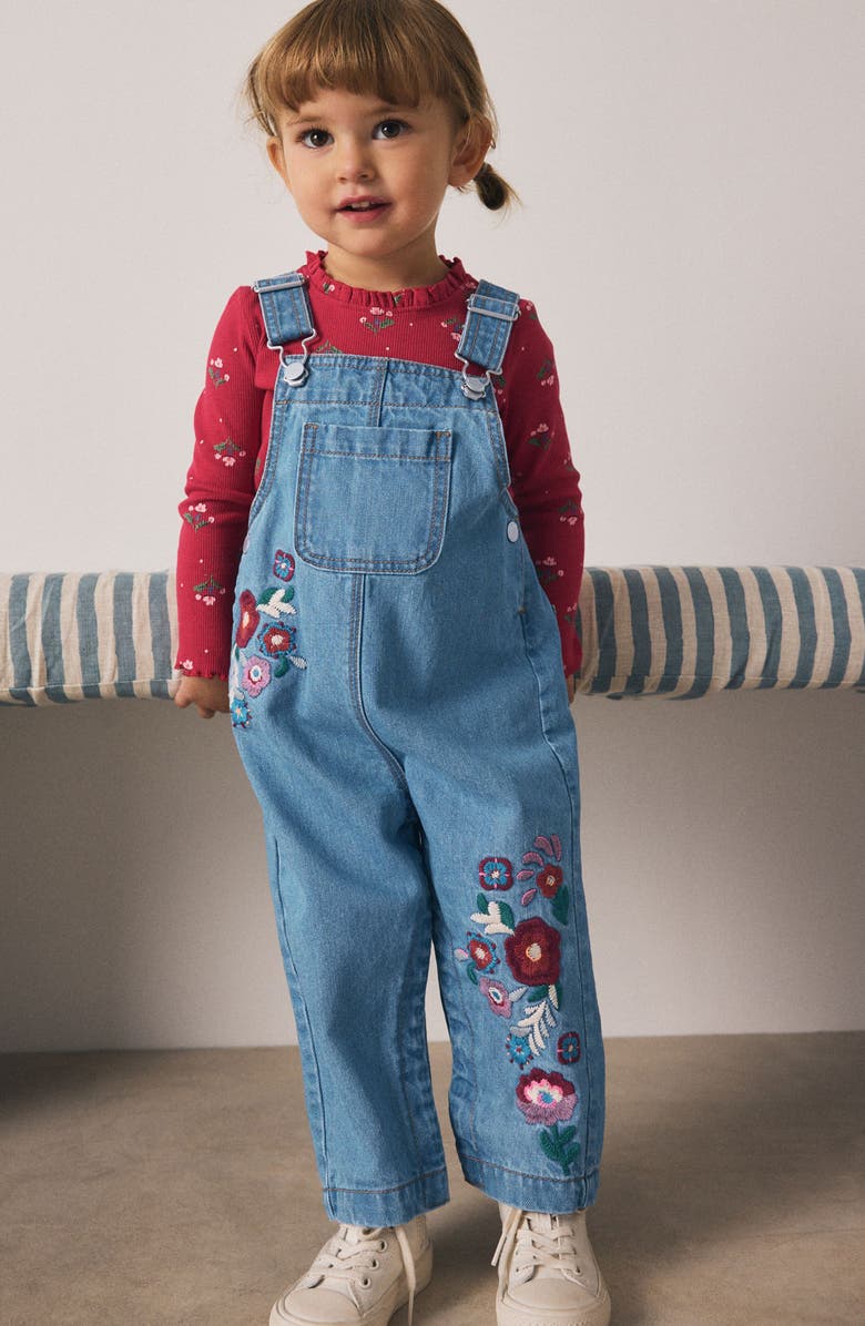 NEXT Kids' Long Sleeve Top & Embroidered Denim Overalls Set, Alternate, color, Blue
