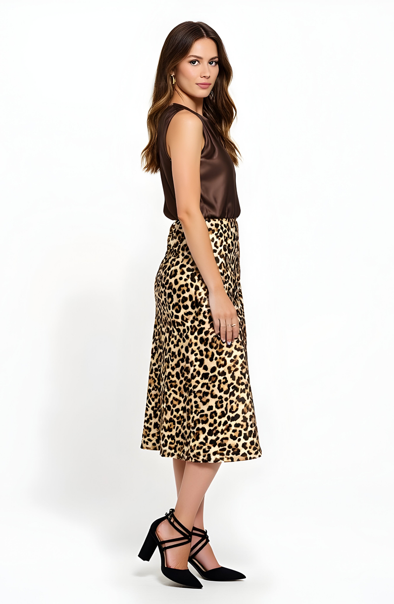 Modenaire Leopard Print Bias Cut Satin Midi Skirt, Alternate, color, Leopard Print