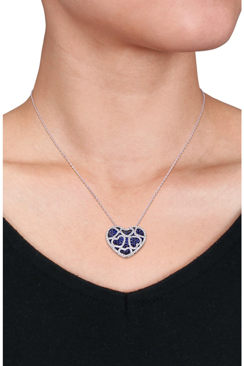 Sterling Silver Created Blue Sapphire & Created White Sapphire Heart Pendant Necklace, Alternate, color, BLUE