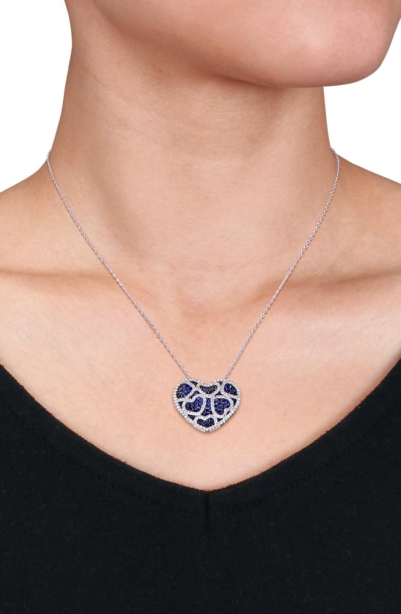 DELMAR Sterling Silver Created Blue Sapphire & Created White Sapphire Heart Pendant Necklace, Alternate, color, Blue