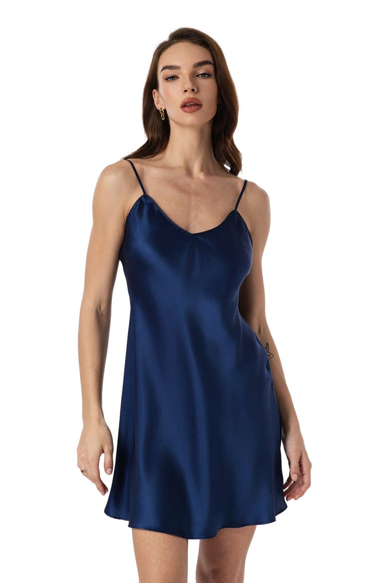 Pure Silk Adjustable Spaghetti Strap Nightgown Slip Dress, Alternate, color, NavyBlue