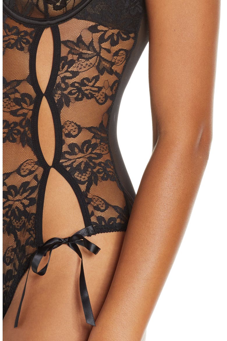 Zara Underwire Open Cup Open Gusset Lace Teddy, Alternate, color, BLACK