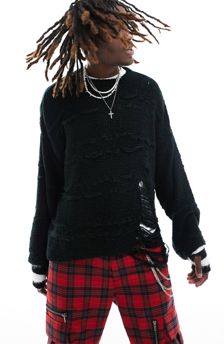 ASOS DESIGN Shredded Crewneck Sweater, Main, color,