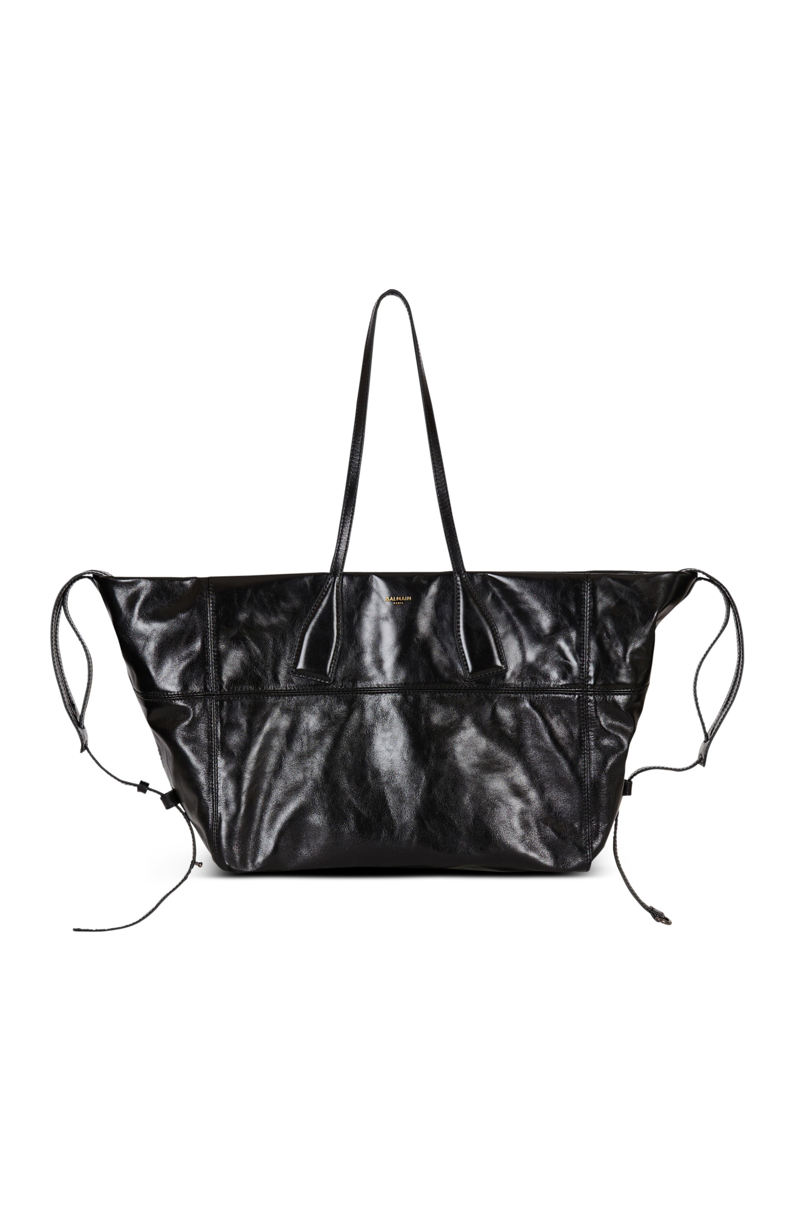 Balmain Track Shiny Leather Tote Bag, Main, color, 