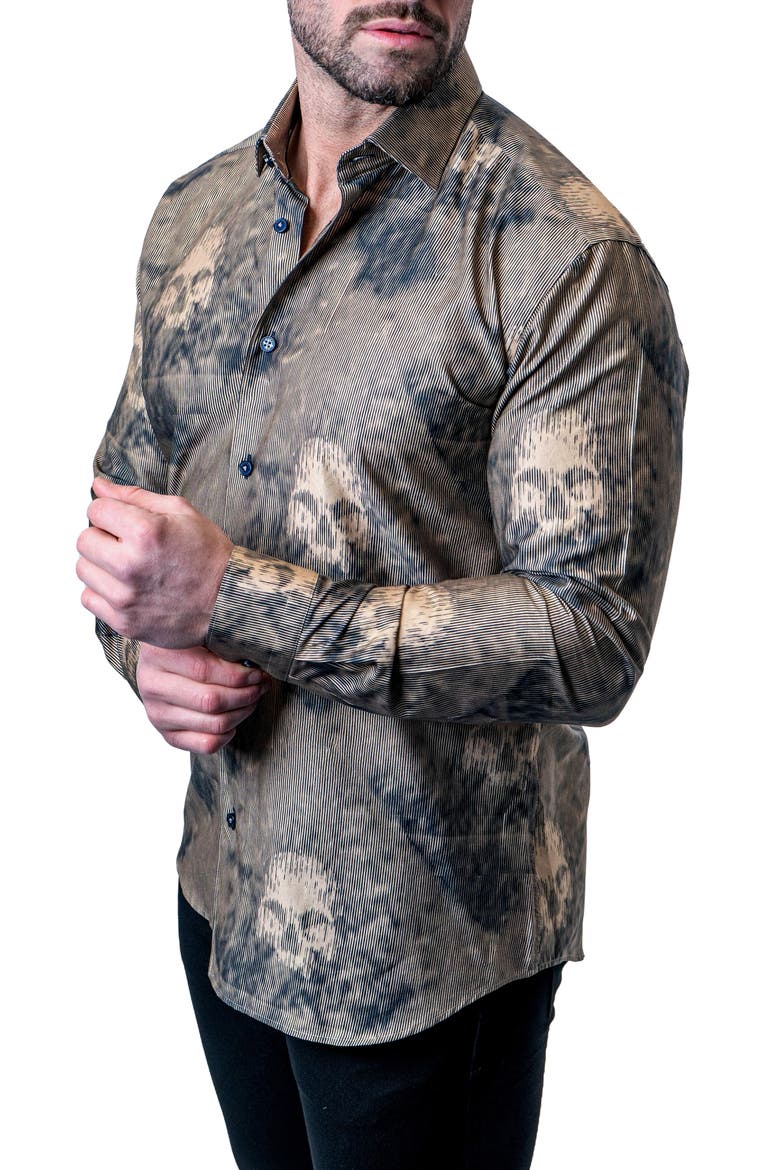 Einstein Skull Sand Brown Contemporary Fit Button-Up Shirt, Alternate, color, BROWN
