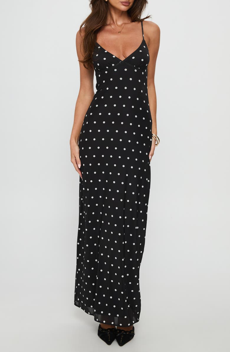 Princess Polly Glass Half Full Sleeveless Mesh Maxi Dress, Main, color, Black Polka
