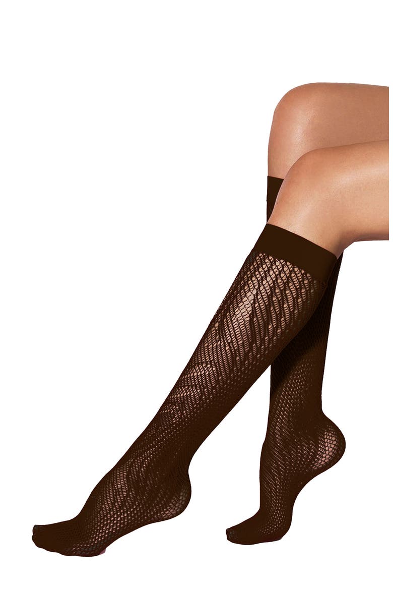 Snake Print Mesh Knee High Socks, Main, color, UMBER