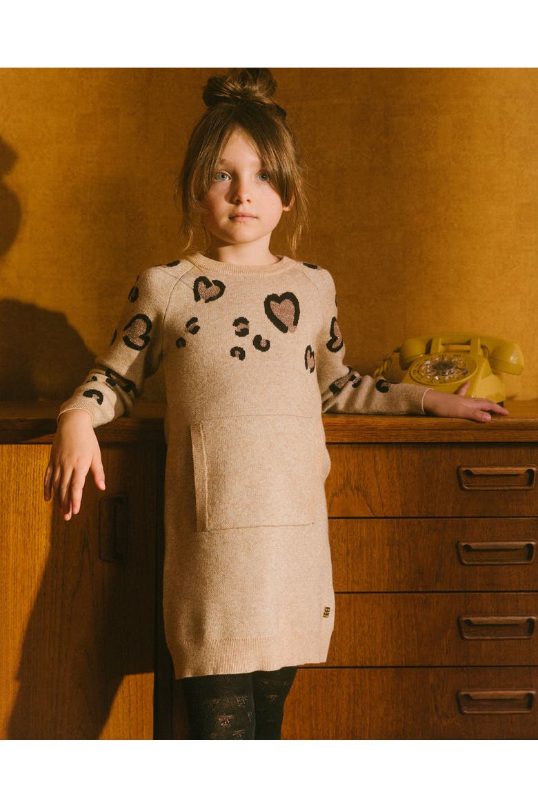 Little Girl's Sweater Dress With Heart Jacquard Beige Mix, Alternate, color, Off White