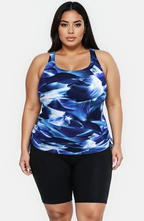 Plus Maya Tankini Swim Top With Built-In Bra and Black Long Bike Swim Shorts