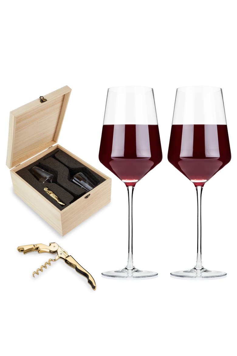Raye Crystal Angled Bordeaux Glasses & Corkscrew Gift Box Set of 3, Main, color, Clear