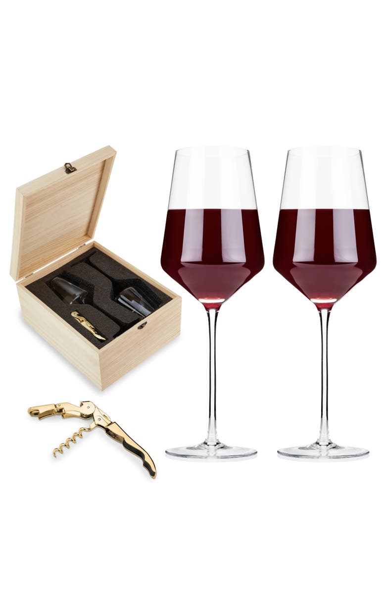 Viski Raye Crystal Angled Bordeaux Glasses & Corkscrew Gift Box Set of 3, Main, color, Clear