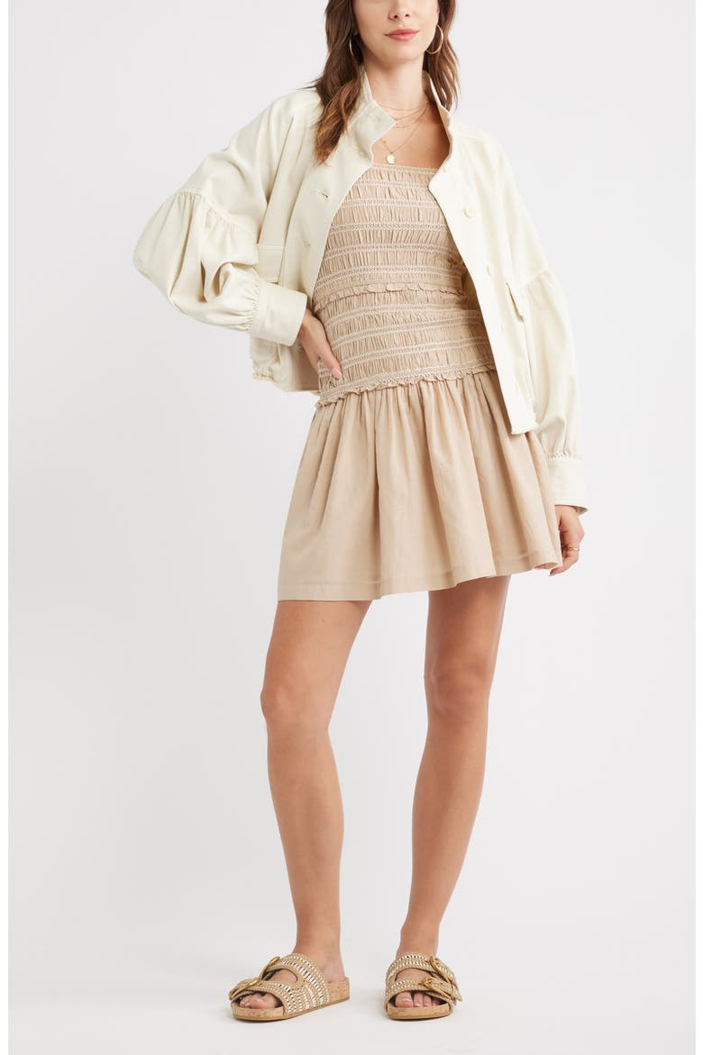 Ruffle Smocked Drop Waist Cotton Blend Minidress, Alternate, color, BEIGE HUMMUS