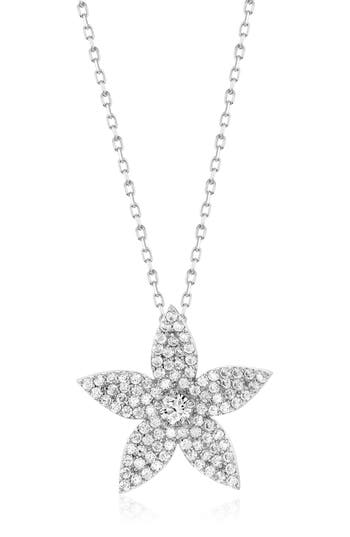 Suzy Levian White Sterling Silver White Cubic Zirconia Pave Curved Flower Pendant