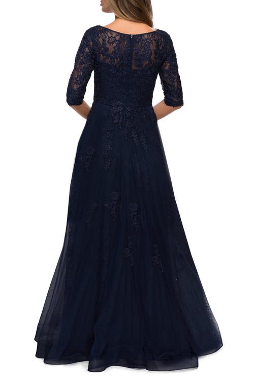 La Femme Lace And Tulle A-line Gown With Three Quarter Sleeves In Navy